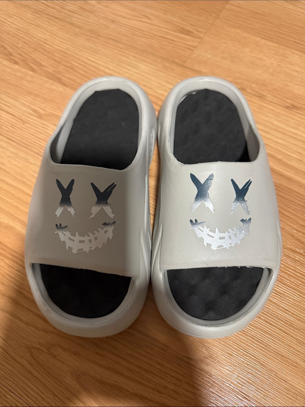 Kids Gray Slide Sandals with Smiley Design